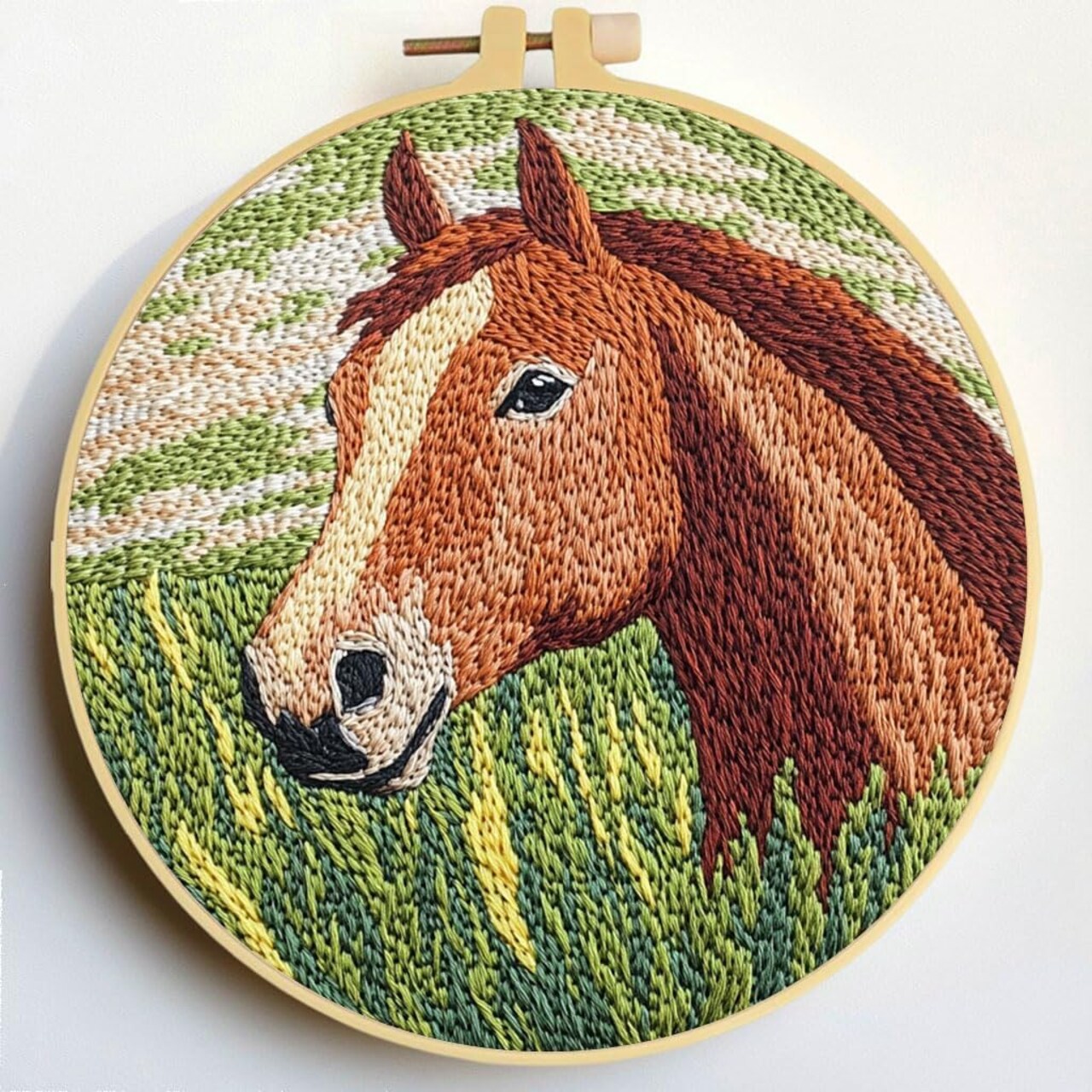 DIY Punch Needle Kit – Brown Horse in Green Grass Embroidery Set for Beginners with Hoop, 20x20cm Handmade Wall Art Craft for Stress Relief and Home Decor